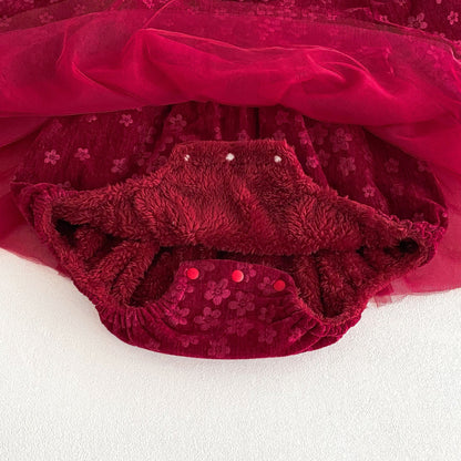 Winter Arrival Baby Girls Cute Floral Embroidered Red Long Sleeves Tulle Onesies-2