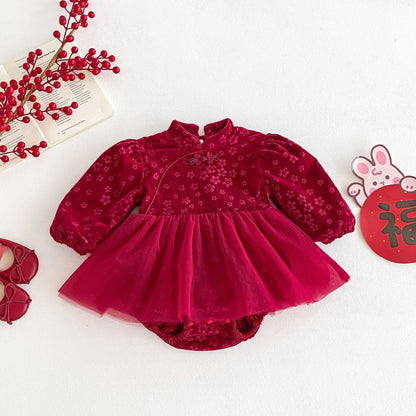 Winter Arrival Baby Girls Cute Floral Embroidered Red Long Sleeves Tulle Onesies-4