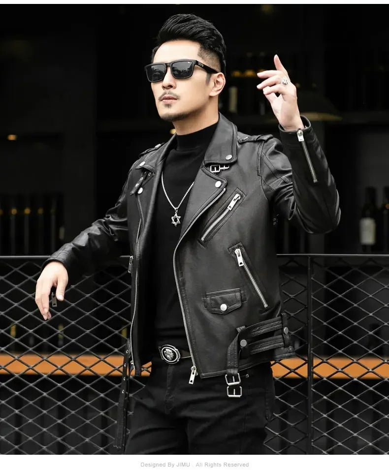 Spring Autumn Short Cool Black Leather Biker Jacket Men Zipper Long Sleeve Belt Plus Size European Fashion brand leather jackets - Japan 4 All
