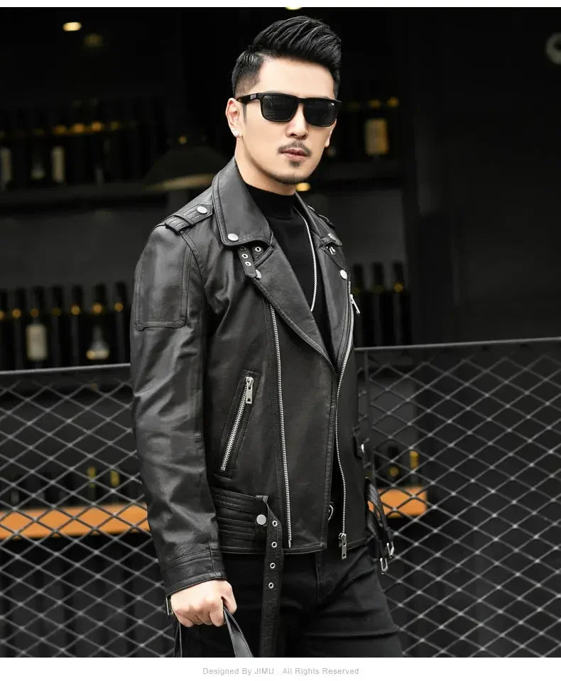 Spring Autumn Short Cool Black Leather Biker Jacket Men Zipper Long Sleeve Belt Plus Size European Fashion brand leather jackets - Japan 4 All