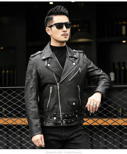 Spring Autumn Short Cool Black Leather Biker Jacket Men Zipper Long Sleeve Belt Plus Size European Fashion brand leather jackets - Japan 4 All