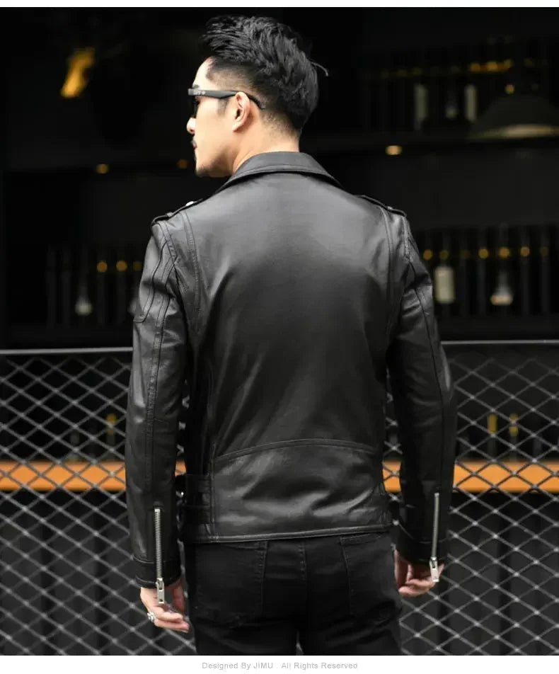 Spring Autumn Short Cool Black Leather Biker Jacket Men Zipper Long Sleeve Belt Plus Size European Fashion brand leather jackets - Japan 4 All