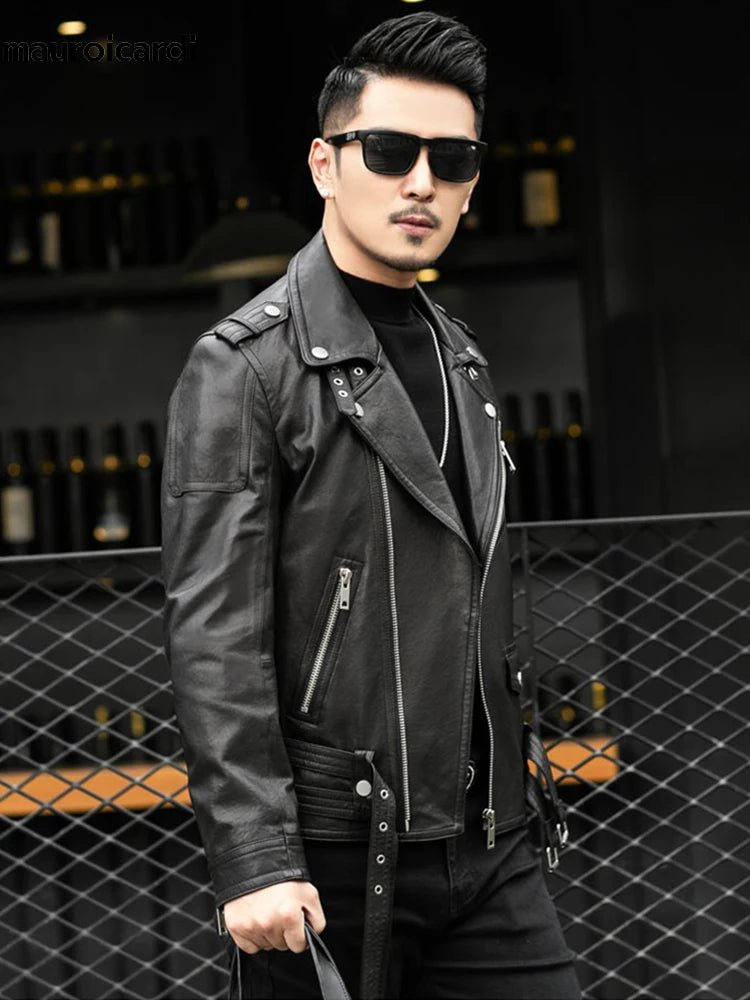 Spring Autumn Short Cool Black Leather Biker Jacket Men Zipper Long Sleeve Belt Plus Size European Fashion brand leather jackets - Japan 4 All
